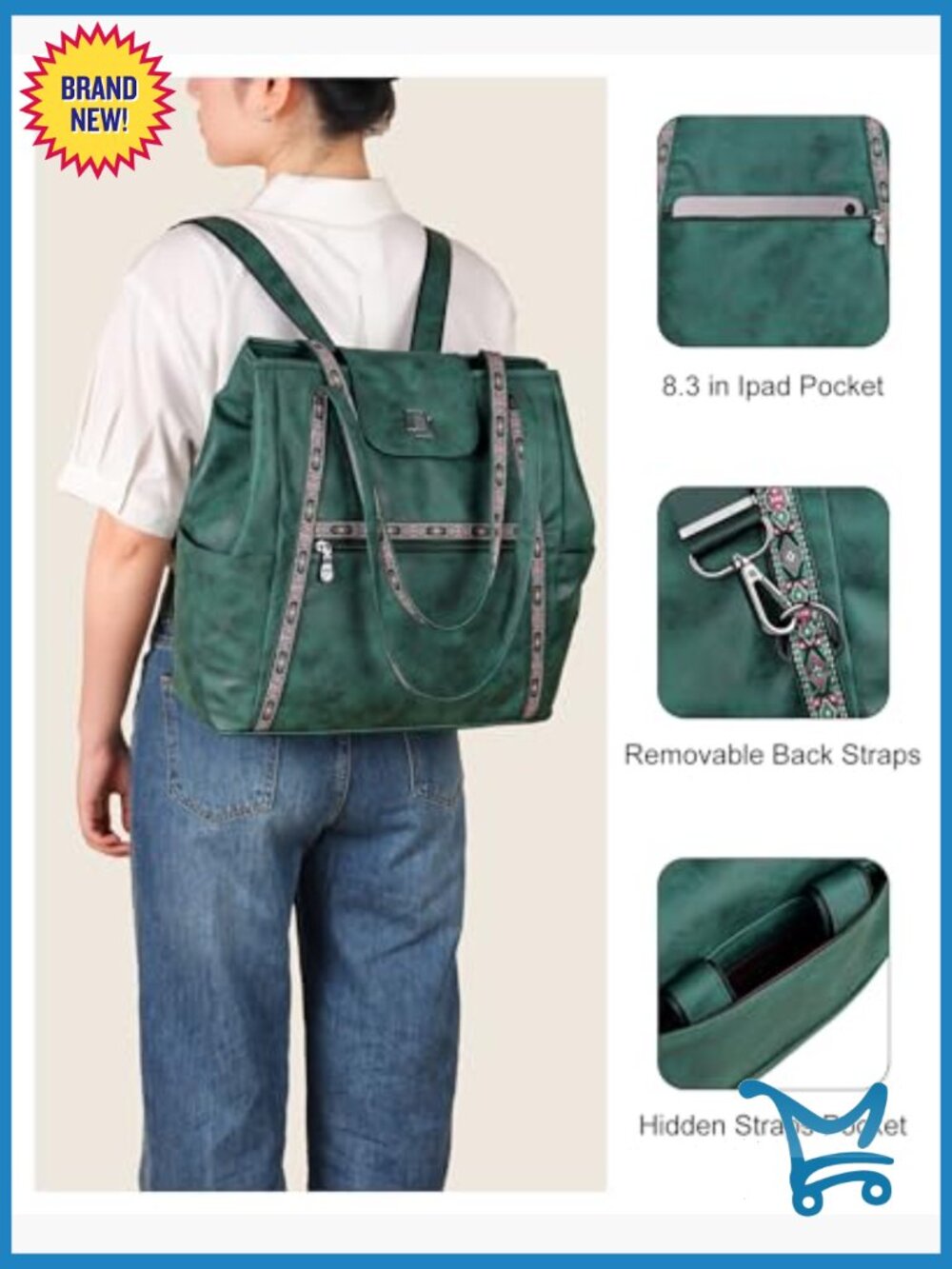 Large Convertible Laptop Tote Bag with Backpack Straps, 10 Pockets - Picture 6 of 7